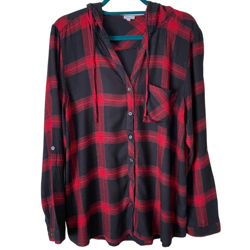 Bootlegger Women's Kismet Red and Black Plaid Hooded Button-Up Shirt Size XL